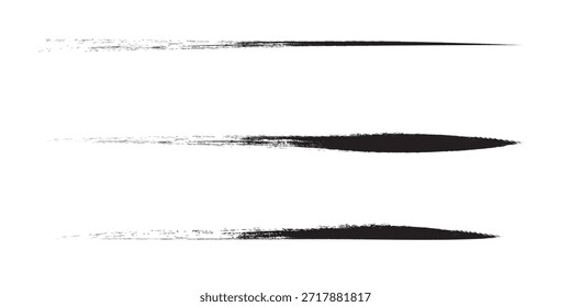 Tres pinceladas negras distintas, que varían en grosor y textura, se presentan horizontalmente sobre un fondo blanco limpio.