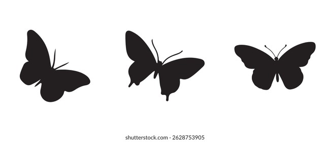 Three distinct black butterfly silhouettes with varied wing shapes, displayed in a minimalist style on a clean white background, ideal for icons, prints, or decorative design