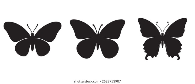 Three distinct black butterfly silhouettes with varied wing shapes, displayed in a minimalist style on a clean white background, ideal for icons, prints, or decorative design