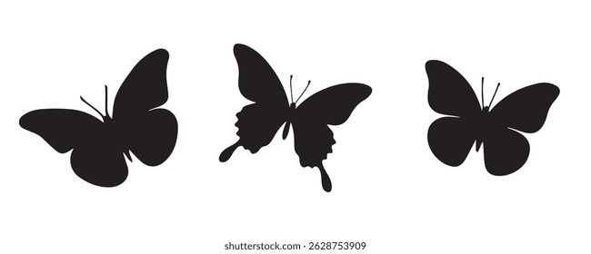 Three distinct black butterfly silhouettes with varied wing shapes, displayed in a minimalist style on a clean white background, ideal for icons, prints, or decorative design