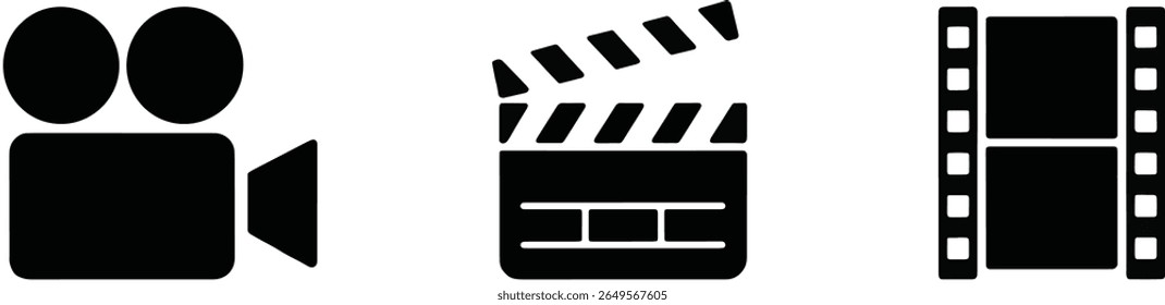 Three distinct black silhouette icons are displayed on a white background: a vintage video camera, an open movie clapperboard, and a strip of film reel.