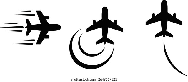Three distinct black silhouette icons of airplanes are displayed against a white background, each illustrating different aspects of flight and motion.