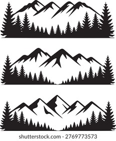 Three distinct black silhouette mountain ranges with pine forest borders on white background set