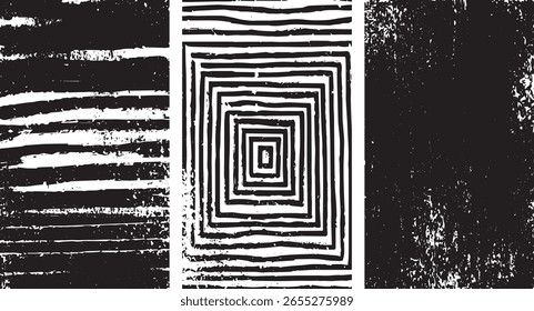 Three distinct black and white abstract graphic elements with textured and geometric designs.