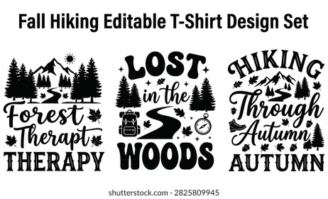 Three distinct black and white for apparel featuring hiking motifs, mountain landscapes, forest trails, and autumn foliage.