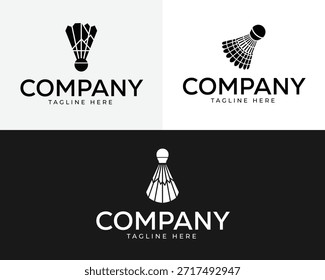 Three distinct black and white logos featuring stylized shuttlecocks above the words COMPANY and TAGLINE HERE.