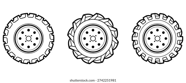Three distinct black and white vector drawings showcasing various deep tread patterns essential for reliable performance across different farming terrains and conditions.