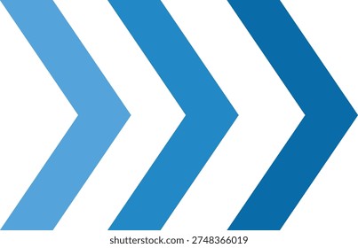 Three distinct blue arrows pointing to the right in a progressive sequence symbolizing forward movement direction or fast-forward icon