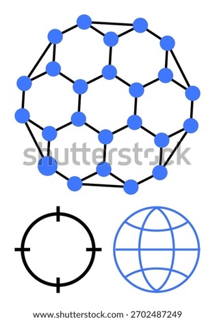 Three distinct blue and black geometric designs, featuring polygons, a target-thumbs up circle, and a globe. Ideal for science, technology, engineering, education, research connectivity global
