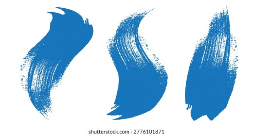 Three distinct blue brush strokes, each with a unique shape and texture, are presented against a clean white background.