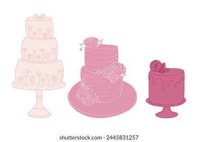 Three distinct cakes are displayed on a table. Each cake features a unique design and flavor, showcasing the variety of options available for dessert lovers