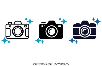 Three distinct camera icons presented in varied styles with bright blue sparkling accents on a clean white isolated background surface