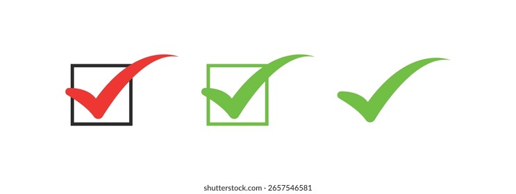 Tres iconos distintos de la marca de verificación contra un fondo blanco uno rojo en caja negra dos verdes uno en caja