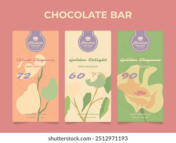 Three distinct chocolate bar packages showcase organic dark chocolate, featuring floral designs and varying cocoa percentages. The elegant colors enhance the gourmet appeal.