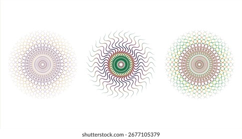 Three distinct circular geometric patterns with wavy lines and interlocking shapes displayed on a white background.