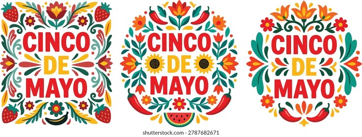 Three distinct circular and square floral designs celebrating Cinco de Mayo with colorful lettering and decorative elements isolated on transparent background