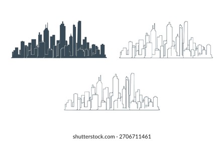 Drei verschiedene Stadt Skyline-Stile werden auf weißem Hintergrund dunkelblau solide Silhouette und zwei Linien Kunst-Versionen präsentiert