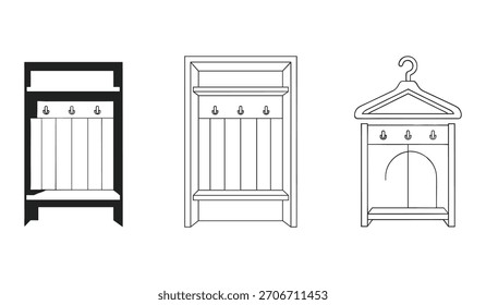 Tres diseños distintos de percheros se presentan en un estilo gráfico sobre un fondo blanco.