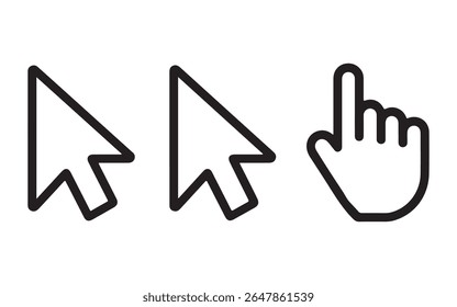 Three distinct computer cursors, including a standard arrow pointer and a hand icon, are presented in a clean, graphic style, isolated on a white background.