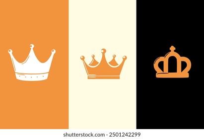 Three distinct crowns illustrated on a vibrant orange and black background, showcasing a crown icon set design.