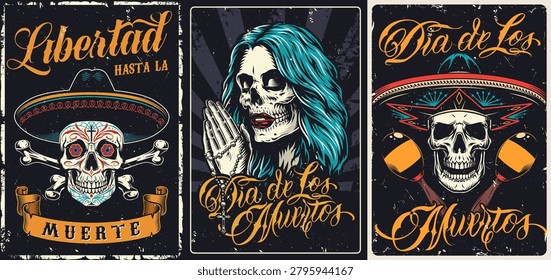 Three distinct designs showcase symbols of Dia de los Muertos. The colors and elements reflect traditions of honoring the deceased. Sugar skulls and floral patterns are prominent.
