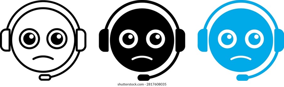 Three distinct emoticon designs conveying customer dissatisfaction. Ideal for service feedback or support challenges. Represents negative user experience.