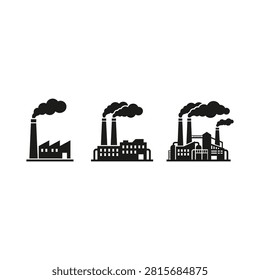 Three distinct factory silhouettes are depicted, each with prominent smoke stacks releasing dark clouds, symbolizing industrial activity and environmental impact.