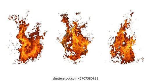 Drei verschiedene Flammenformen einzeln auf Weiß. Realistische Heißbrand-Vektorgrafik für Spezialeffekte.