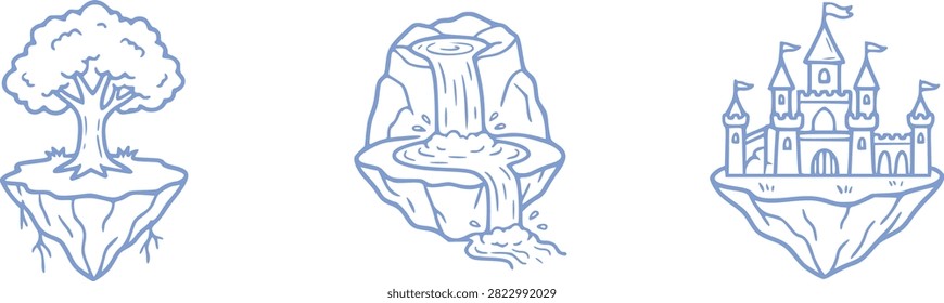 Three distinct floating islands are depicted in a simple blue outline on a white background. The leftmost island supports a stylized tree with a thick trunk and a leafy canopy. The central island a rocky formation with a waterfall cascading into a pool below, with splashes of water indicated. The rightmost island is topped with a cartoonish castle complete with turrets, flags, and arched doorways.