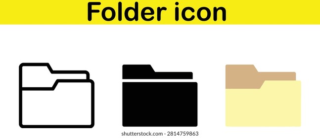 Three distinct folder icons displayed in white outline black fill and beige color isolated on transparent background