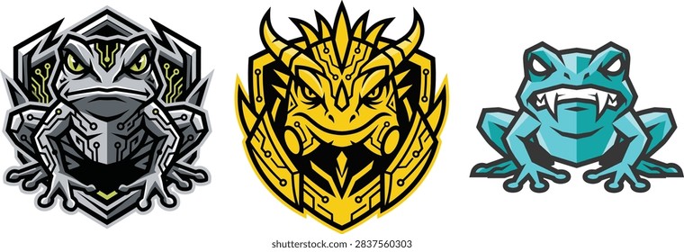Three distinct frog logos a gray cyberpunk frog a yellow tribal frog and a blue cartoon frog