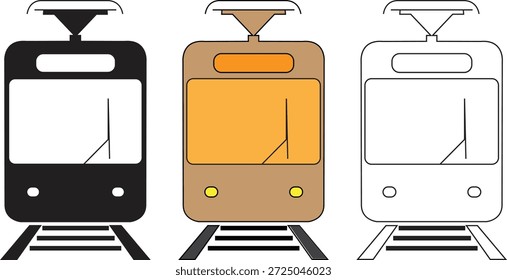 Tres ilustraciones distintas de tranvía frontal que muestran varios estilos de coloración en las Pistas ferroviarias