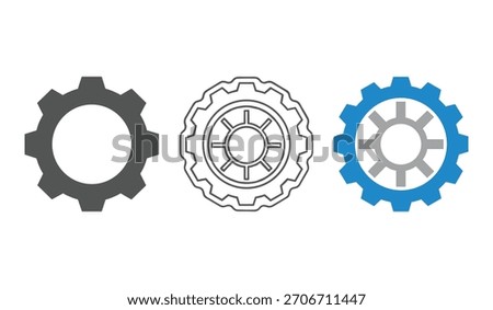 Three distinct gear icons are displayed side by side on a white background. The leftmost gear is solid dark grey. The middle gear is an outline in dark grey with internal spokes.