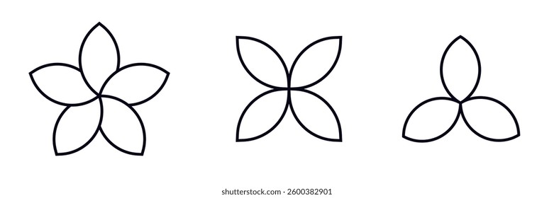 Three distinct geometric flower designs with curved petals create unique and simple patterns.