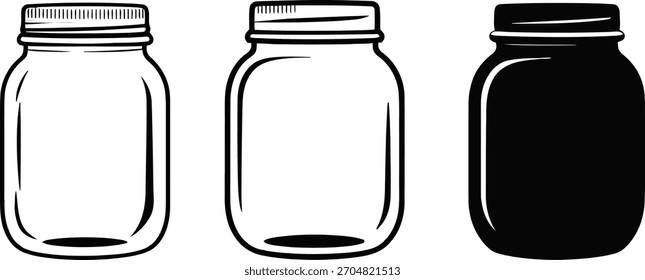 Drei verschiedene Glasflaschen, zwei klare Umrisse und eine feste schwarze Silhouette auf weißem Hintergrund.