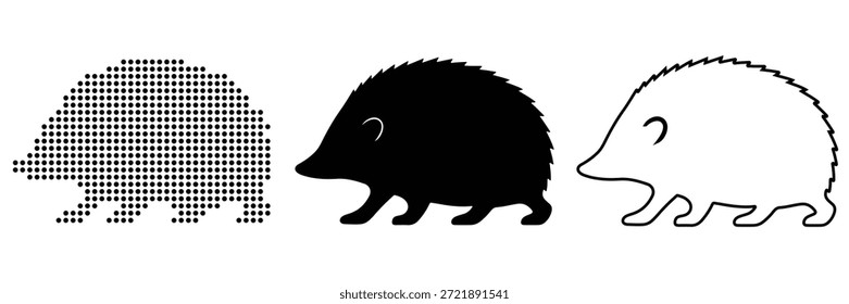 Three distinct graphic designs of a hedgehog showcasing different artistic styles
