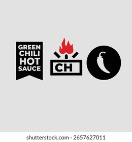 Three distinct graphic logos are displayed on a light gray background. The first is a black banner with white text reading "GREEN CHILI HOT SAUCE".