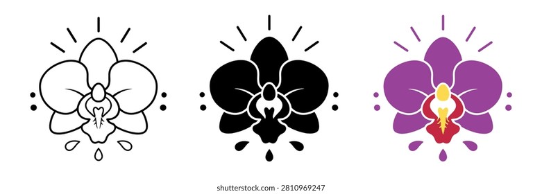 Three distinct graphic representations of an orchid bloom, showcasing line art, silhouette, and a colorful version with purple and red petals