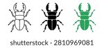 Three distinct graphic representations of a stag beetle are presented, showcasing an outline, a solid black silhouette, and a vibrant green icon