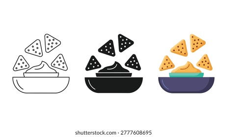 Three distinct graphic representations of tortilla chips with a creamy dip. Styles include line art, silhouette, and a colored flat design.