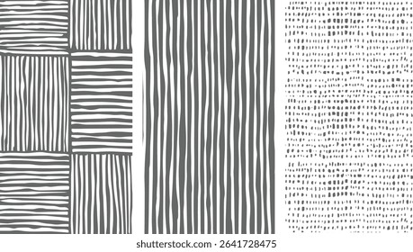 Three distinct grayscale patterns: intersecting horizontal and vertical stripes, vertical stripes, and an irregular dot pattern. The style is hand-drawn with varying line weights and shapes.