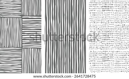 Three distinct grayscale patterns: intersecting horizontal and vertical stripes, vertical stripes, and an irregular dot pattern. The style is hand-drawn with varying line weights and shapes.