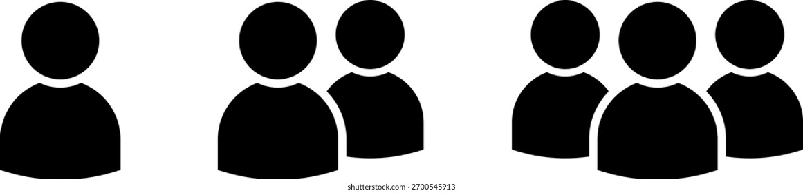 Three distinct groupings of stylized black figures, increasing in number from one to four, against a white background.