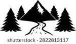 Three distinct hand drawn black and white mountain range illustrations with pine trees and a winding river