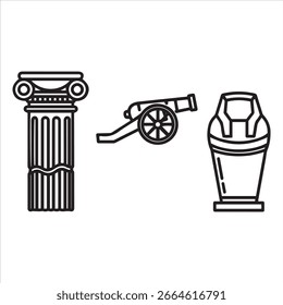 Three distinct historical objects depicted as simple line art.