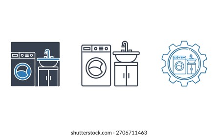 Three distinct icon styles depict a washing machine next to a sink with cabinetry.