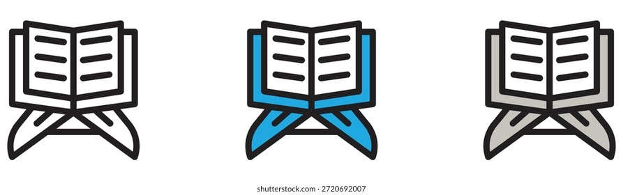 Tres iconos distintos que representan un libro sagrado abierto en un soporte real, adecuado para estudios religiosos