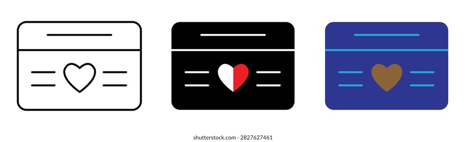 Three distinct icons of a rectangular box or card, each with a heart symbol. Styles outline, solid black with split redwhite heart, and solid blue with brown heart. Perfect for UI UX design.