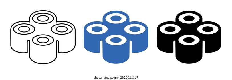 Three distinct icons representing a four-barrel revolver cylinder, depicted in outline, solid blue, and solid black styles on a white background