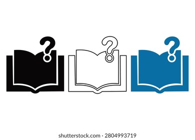 Three distinct icons show open books with a question mark above in black outline and blue